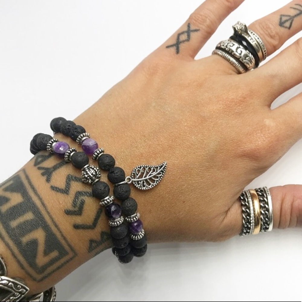 Genuine Amethyst & lava rock leaf bracelets set - Picture 4 of 9